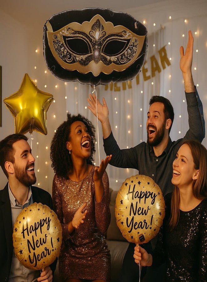 AMFIN (Pack of 5) New Year Foil Balloon Decoration Set with Masquerade Mask, Gold Star and Black Round Foil Balloons for New Year Eve Celebrations Party Decor - Image 3